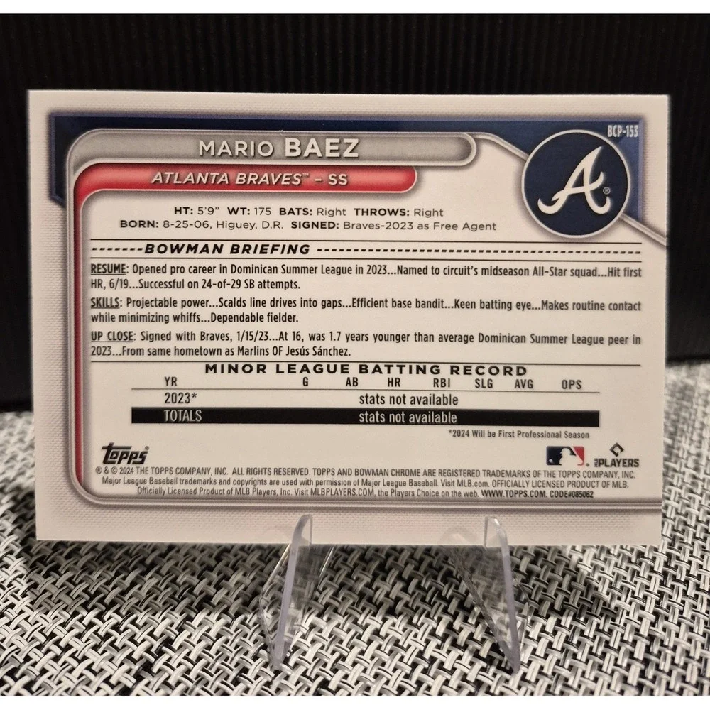 2024 Bowman Chrome Mario Baez #BCP-153 Reptilian Green Refractor /99 ATL Braves